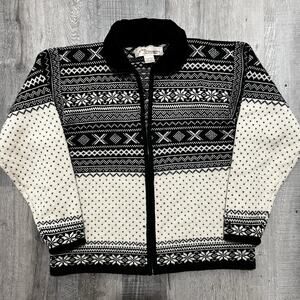 Vintage Norm Thompson Merino Wool Nordic Full Zip Sweater Black/White Sz S